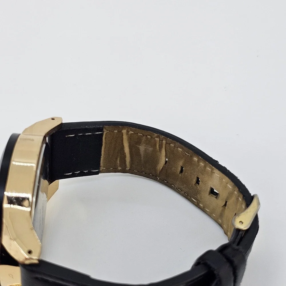 Men's Analog Watch 46MM Black Dial Black Faux‎ Leather Bands New Battery